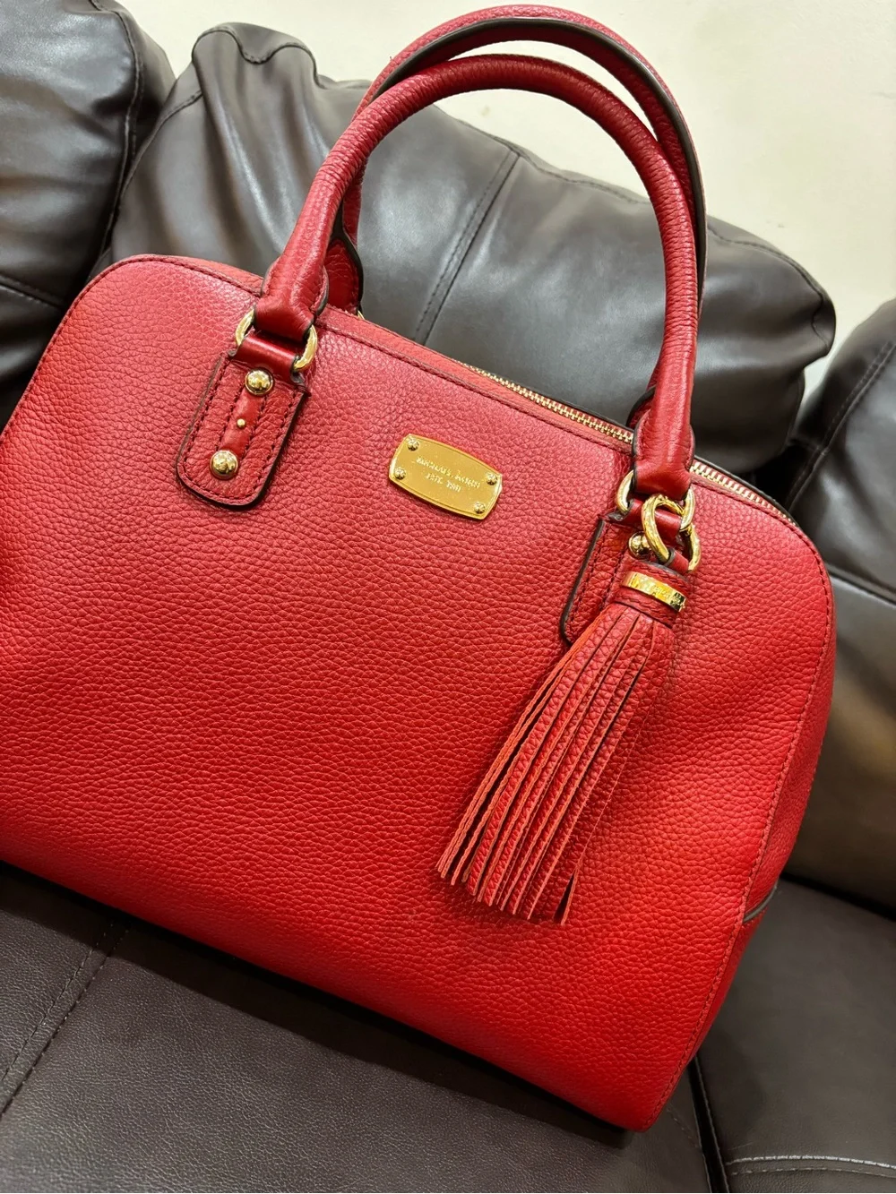 NWT Michael Kors Red Sandrine Pebbled Leather Satchel Handbag with Tassel $398